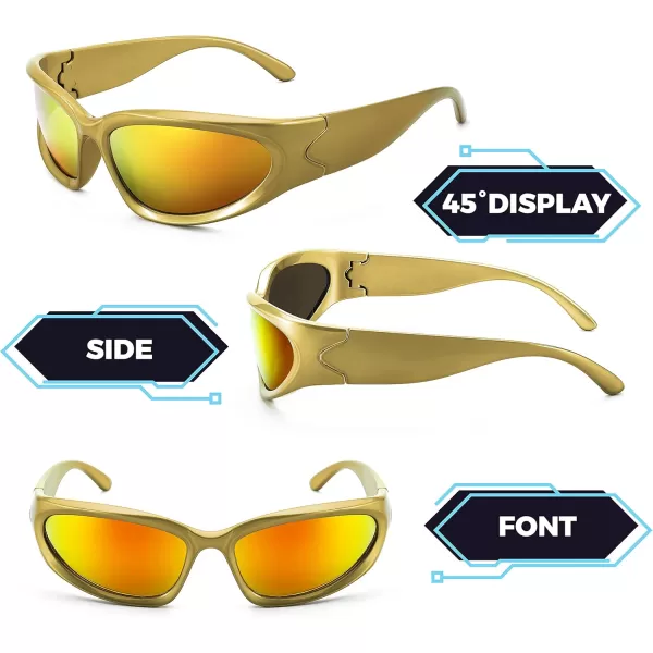 FEISEDY Y2K Futuristic Sunglasses Cool Oval Wrap Around 90s Visor Thick Frame Vintage for Men Women B2951Golden Frame  Red Mirror Lens