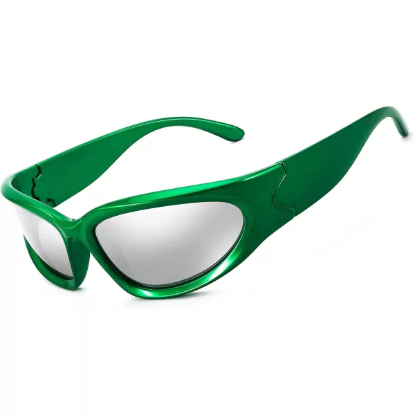 FEISEDY Y2K Futuristic Sunglasses Cool Oval Wrap Around 90s Visor Thick Frame Vintage for Men Women B2951Green Frame  Silver Lens