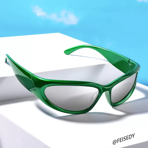 FEISEDY Y2K Futuristic Sunglasses Cool Oval Wrap Around 90s Visor Thick Frame Vintage for Men Women B2951Green Frame  Silver Lens