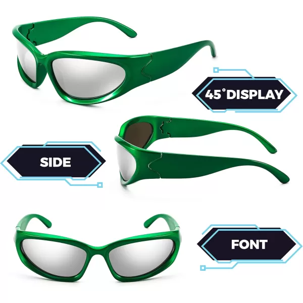 FEISEDY Y2K Futuristic Sunglasses Cool Oval Wrap Around 90s Visor Thick Frame Vintage for Men Women B2951Green Frame  Silver Lens