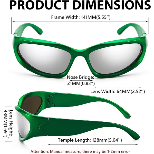 FEISEDY Y2K Futuristic Sunglasses Cool Oval Wrap Around 90s Visor Thick Frame Vintage for Men Women B2951Green Frame  Silver Lens