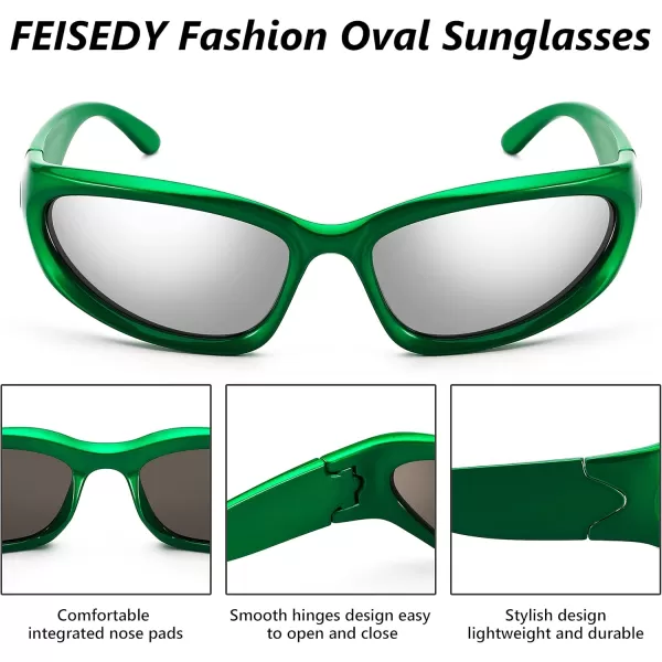 FEISEDY Y2K Futuristic Sunglasses Cool Oval Wrap Around 90s Visor Thick Frame Vintage for Men Women B2951Green Frame  Silver Lens