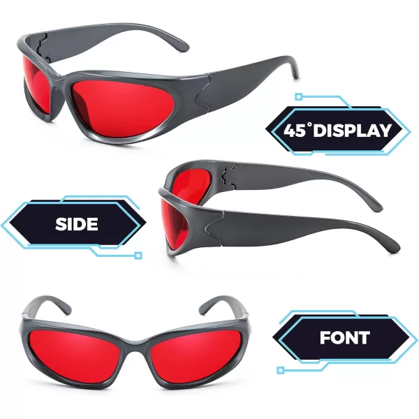 FEISEDY Y2K Futuristic Sunglasses Cool Oval Wrap Around 90s Visor Thick Frame Vintage for Men Women B2951Grey Frame  Red Mirror Lens
