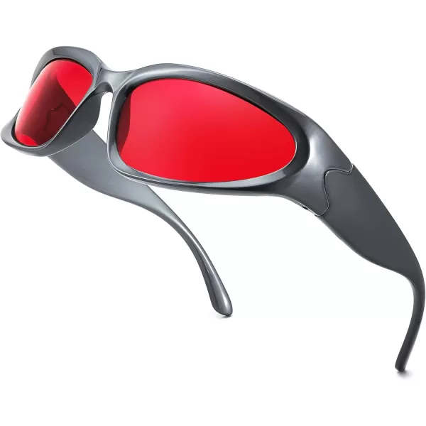FEISEDY Y2K Futuristic Sunglasses Cool Oval Wrap Around 90s Visor Thick Frame Vintage for Men Women B2951Grey Frame  Red Mirror Lens