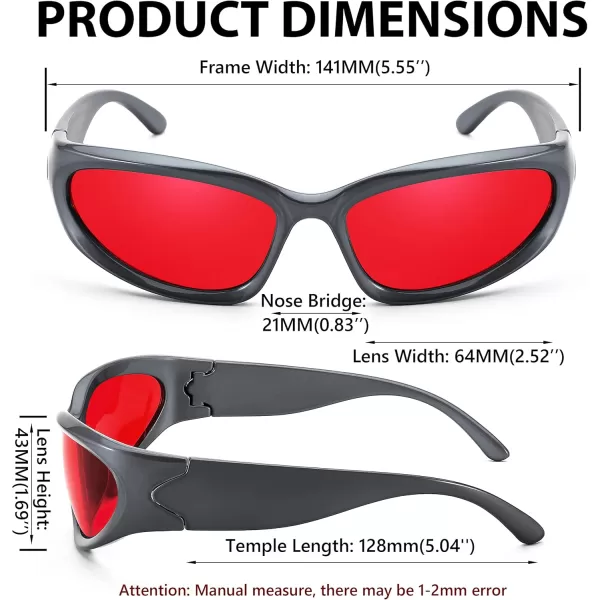 FEISEDY Y2K Futuristic Sunglasses Cool Oval Wrap Around 90s Visor Thick Frame Vintage for Men Women B2951Grey Frame  Red Mirror Lens