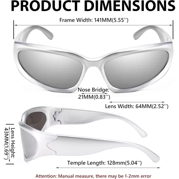 FEISEDY Y2K Futuristic Sunglasses Cool Oval Wrap Around 90s Visor Thick Frame Vintage for Men Women B2951Silver Frame  Silver Lens