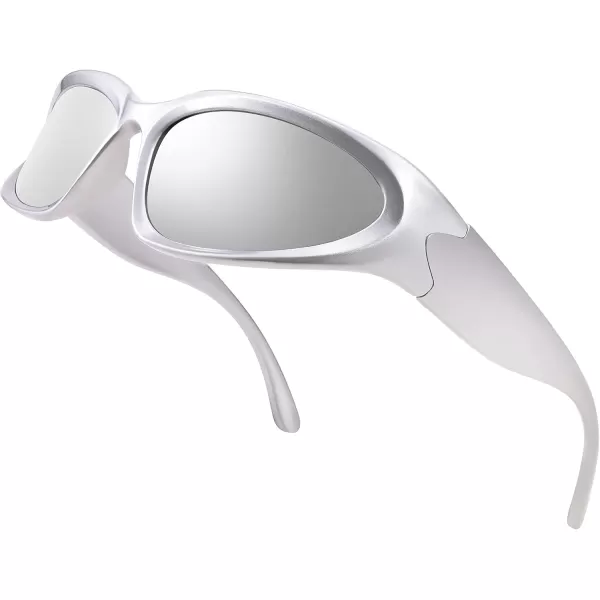 FEISEDY Y2K Futuristic Sunglasses Cool Oval Wrap Around 90s Visor Thick Frame Vintage for Men Women B2951Silver Frame  Silver Lens