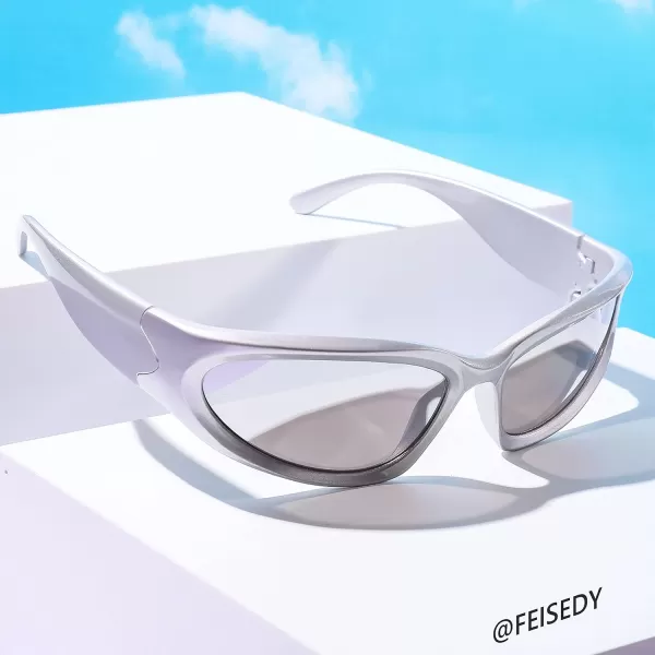FEISEDY Y2K Futuristic Sunglasses Cool Oval Wrap Around 90s Visor Thick Frame Vintage for Men Women B2951Silver Frame  Silver Lens