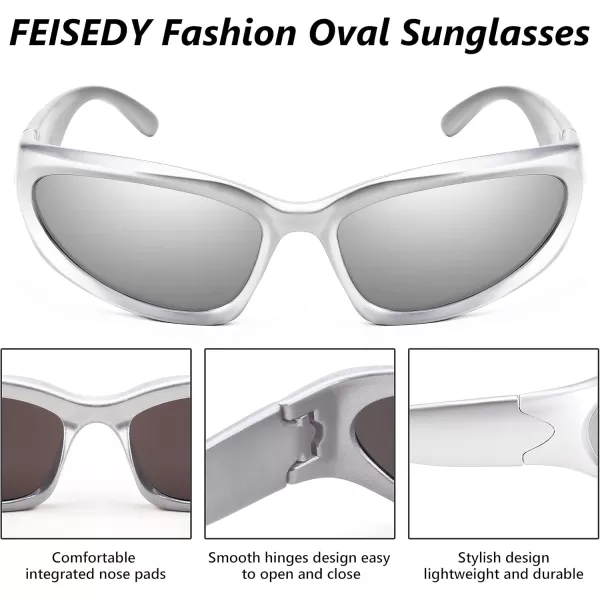 FEISEDY Y2K Futuristic Sunglasses Cool Oval Wrap Around 90s Visor Thick Frame Vintage for Men Women B2951Silver Frame  Silver Lens
