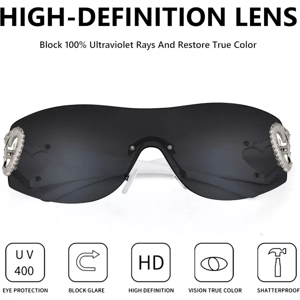FEISEDY Y2K Rimless Sunglasses Heart for Women Men Around Wrap Fashion Futuristic 2000s Trendy Shield B2981Black Grey