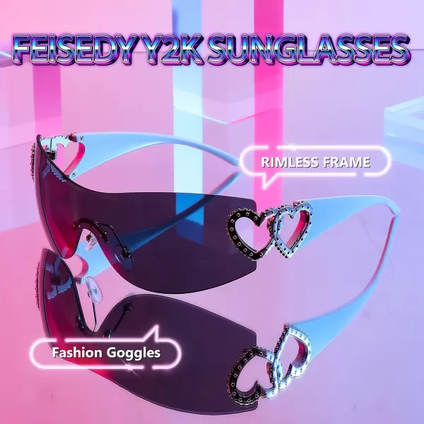 FEISEDY Y2K Rimless Sunglasses Heart for Women Men Around Wrap Fashion Futuristic 2000s Trendy Shield B2981Black Grey