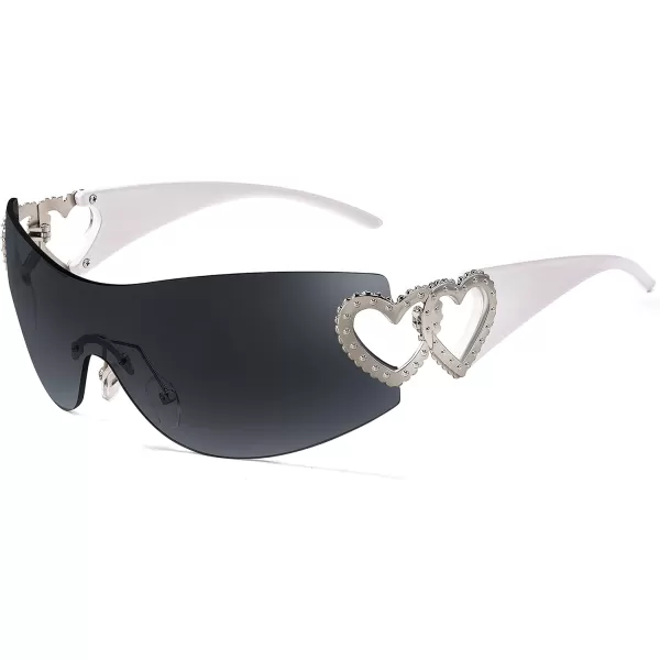 FEISEDY Y2K Rimless Sunglasses Heart for Women Men Around Wrap Fashion Futuristic 2000s Trendy Shield B2981Black Grey