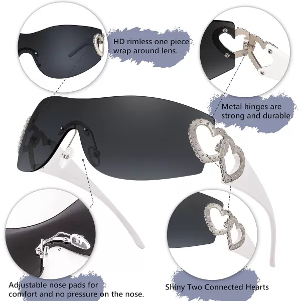 FEISEDY Y2K Rimless Sunglasses Heart for Women Men Around Wrap Fashion Futuristic 2000s Trendy Shield B2981Black Grey