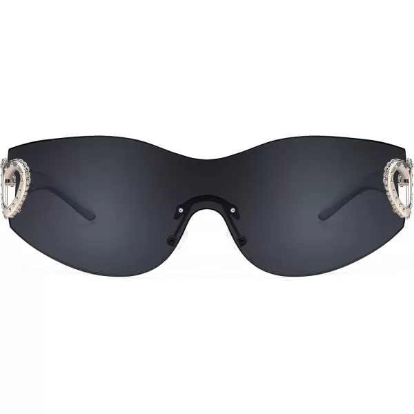 FEISEDY Y2K Rimless Sunglasses Heart for Women Men Around Wrap Fashion Futuristic 2000s Trendy Shield B2981Black Grey