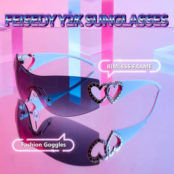FEISEDY Y2K Rimless Sunglasses Heart for Women Men Around Wrap Fashion Futuristic 2000s Trendy Shield B2981Gradual Blue