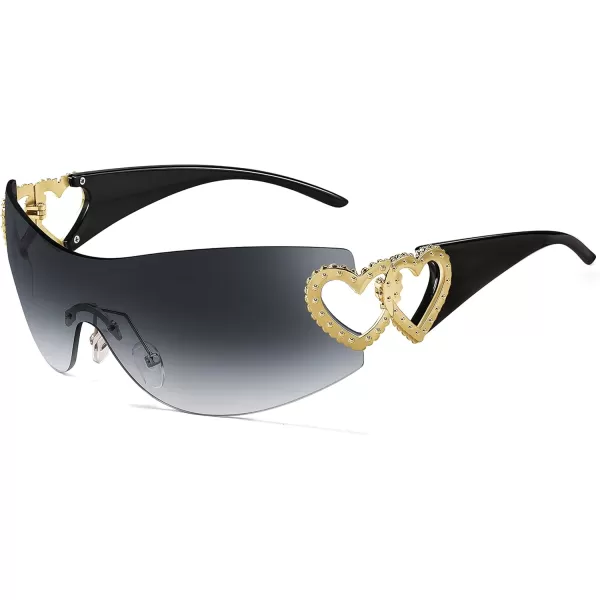 FEISEDY Y2K Rimless Sunglasses Heart for Women Men Around Wrap Fashion Futuristic 2000s Trendy Shield B2981Gradual Grey