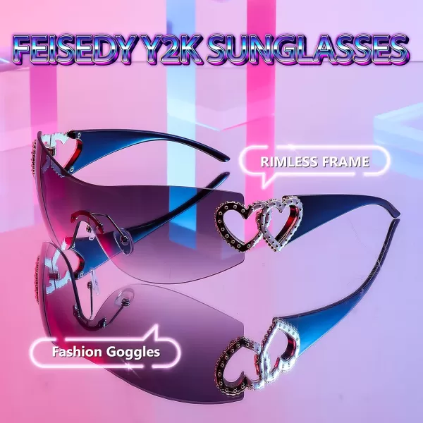 FEISEDY Y2K Rimless Sunglasses Heart for Women Men Around Wrap Fashion Futuristic 2000s Trendy Shield B2981Gradual Grey