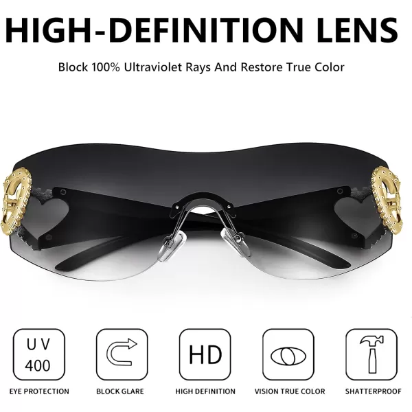 FEISEDY Y2K Rimless Sunglasses Heart for Women Men Around Wrap Fashion Futuristic 2000s Trendy Shield B2981Gradual Grey