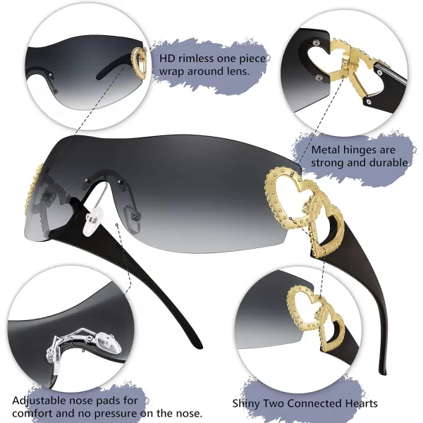 FEISEDY Y2K Rimless Sunglasses Heart for Women Men Around Wrap Fashion Futuristic 2000s Trendy Shield B2981Gradual Grey