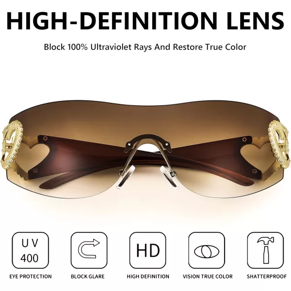 FEISEDY Y2K Rimless Sunglasses Heart for Women Men Around Wrap Fashion Futuristic 2000s Trendy Shield B2981Gradual Tea