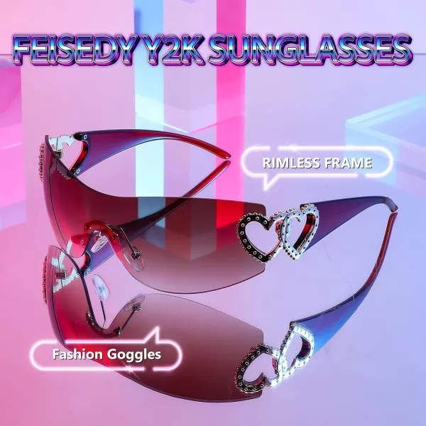 FEISEDY Y2K Rimless Sunglasses Heart for Women Men Around Wrap Fashion Futuristic 2000s Trendy Shield B2981Gradual Tea
