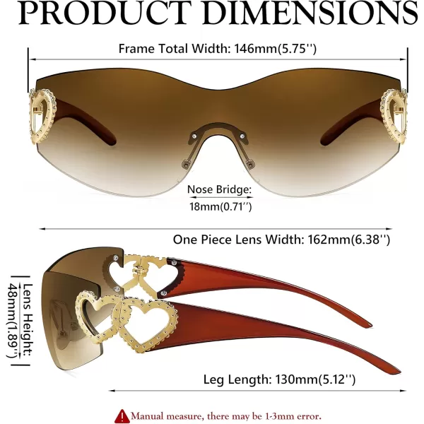 FEISEDY Y2K Rimless Sunglasses Heart for Women Men Around Wrap Fashion Futuristic 2000s Trendy Shield B2981Gradual Tea