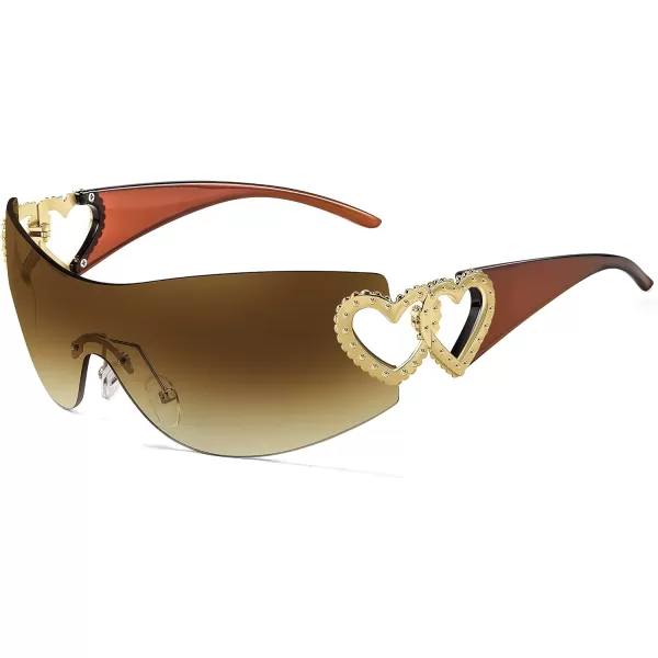 FEISEDY Y2K Rimless Sunglasses Heart for Women Men Around Wrap Fashion Futuristic 2000s Trendy Shield B2981Gradual Tea