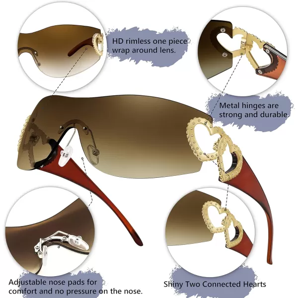 FEISEDY Y2K Rimless Sunglasses Heart for Women Men Around Wrap Fashion Futuristic 2000s Trendy Shield B2981Gradual Tea