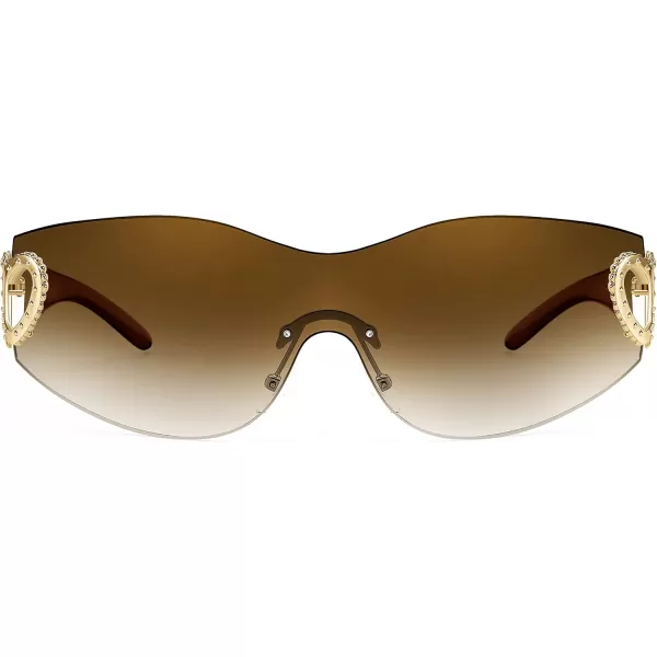 FEISEDY Y2K Rimless Sunglasses Heart for Women Men Around Wrap Fashion Futuristic 2000s Trendy Shield B2981Gradual Tea
