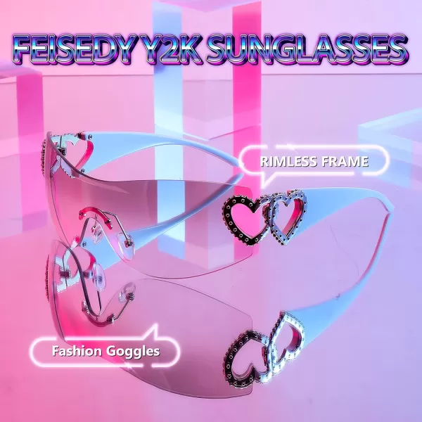 FEISEDY Y2K Rimless Sunglasses Heart for Women Men Around Wrap Fashion Futuristic 2000s Trendy Shield B2981Grey White