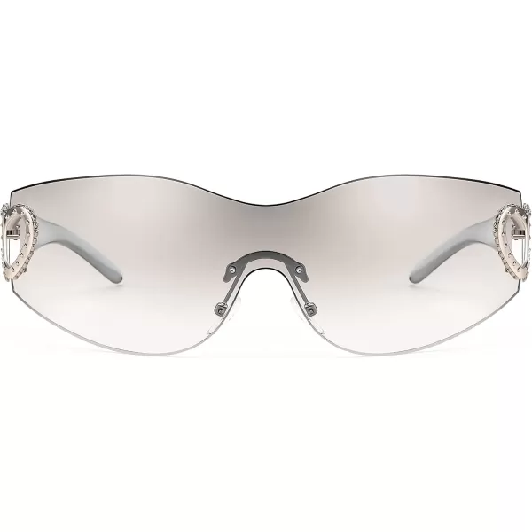 FEISEDY Y2K Rimless Sunglasses Heart for Women Men Around Wrap Fashion Futuristic 2000s Trendy Shield B2981Grey White
