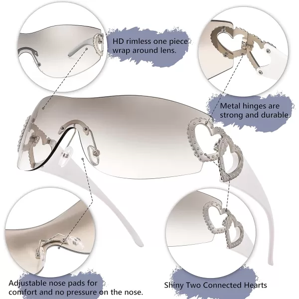 FEISEDY Y2K Rimless Sunglasses Heart for Women Men Around Wrap Fashion Futuristic 2000s Trendy Shield B2981Grey White