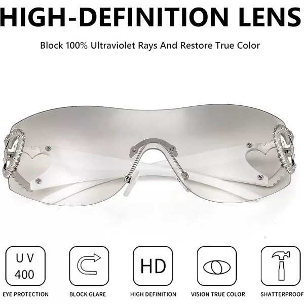FEISEDY Y2K Rimless Sunglasses Heart for Women Men Around Wrap Fashion Futuristic 2000s Trendy Shield B2981Grey White