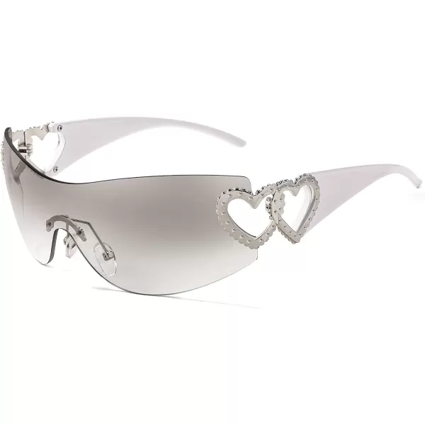 FEISEDY Y2K Rimless Sunglasses Heart for Women Men Around Wrap Fashion Futuristic 2000s Trendy Shield B2981Grey White