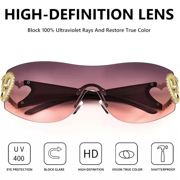 FEISEDY Y2K Rimless Sunglasses Heart for Women Men Around Wrap Fashion Futuristic 2000s Trendy Shield B2981Purple Pink