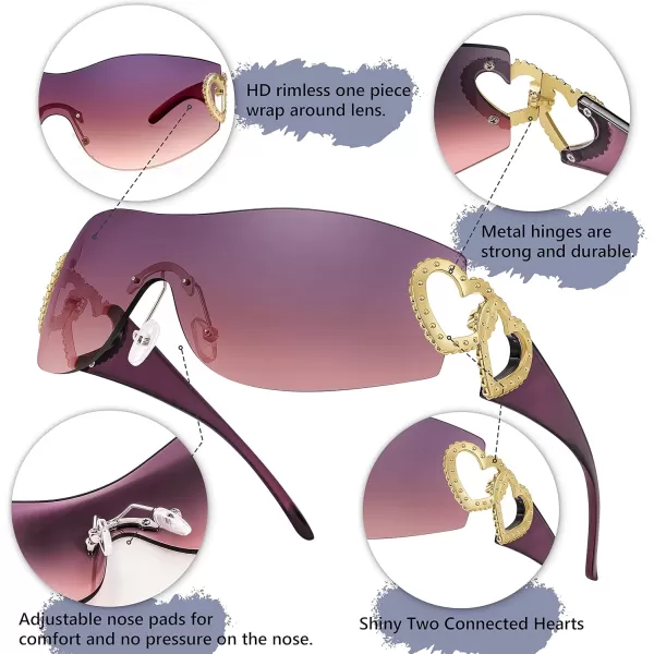 FEISEDY Y2K Rimless Sunglasses Heart for Women Men Around Wrap Fashion Futuristic 2000s Trendy Shield B2981Purple Pink