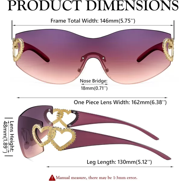 FEISEDY Y2K Rimless Sunglasses Heart for Women Men Around Wrap Fashion Futuristic 2000s Trendy Shield B2981Purple Pink