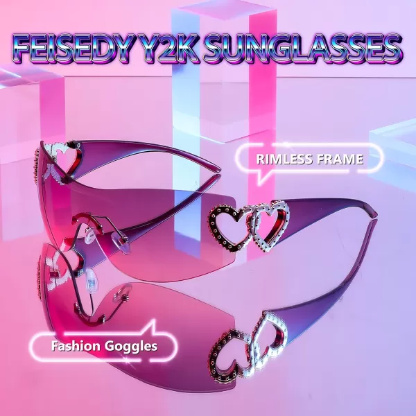 FEISEDY Y2K Rimless Sunglasses Heart for Women Men Around Wrap Fashion Futuristic 2000s Trendy Shield B2981Purple Pink