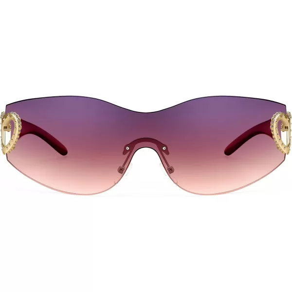 FEISEDY Y2K Rimless Sunglasses Heart for Women Men Around Wrap Fashion Futuristic 2000s Trendy Shield B2981Purple Pink