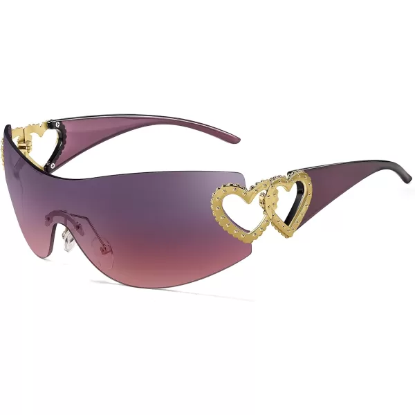 FEISEDY Y2K Rimless Sunglasses Heart for Women Men Around Wrap Fashion Futuristic 2000s Trendy Shield B2981Purple Pink