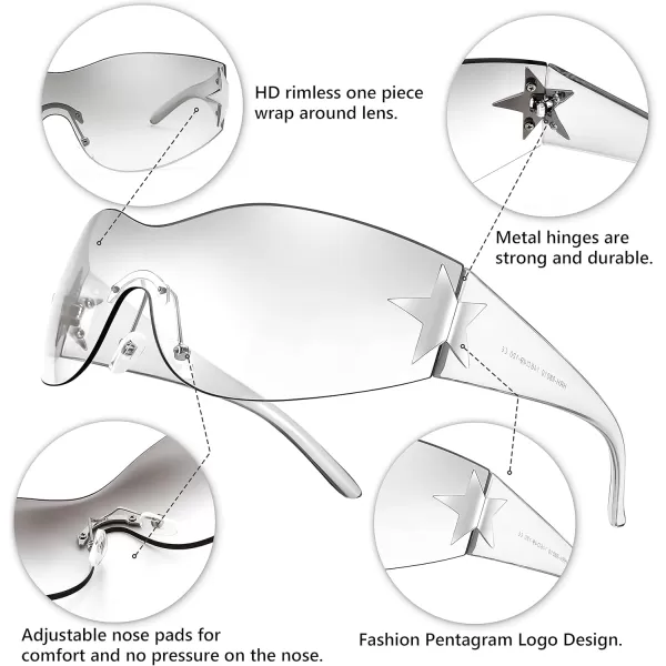 FEISEDY Y2K Sunglasses for Women Men 2000s Fashion Rimless Wrap Around Frameless Star Sun Glasses B9090Clear Black Tinted