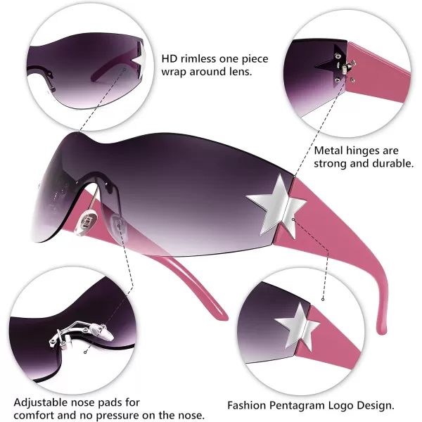 FEISEDY Y2K Sunglasses for Women Men 2000s Fashion Rimless Wrap Around Frameless Star Sun Glasses B9090Gradient Black