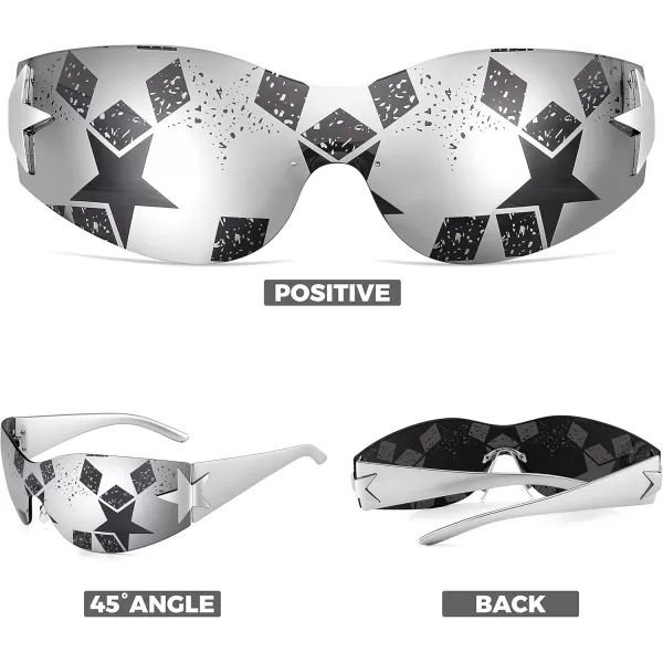 FEISEDY Y2K Sunglasses for Women Men 2000s Fashion Rimless Wrap Around Frameless Star Sun Glasses B9090Mirrored Silver Star