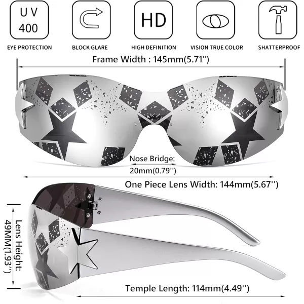 FEISEDY Y2K Sunglasses for Women Men 2000s Fashion Rimless Wrap Around Frameless Star Sun Glasses B9090Mirrored Silver Star