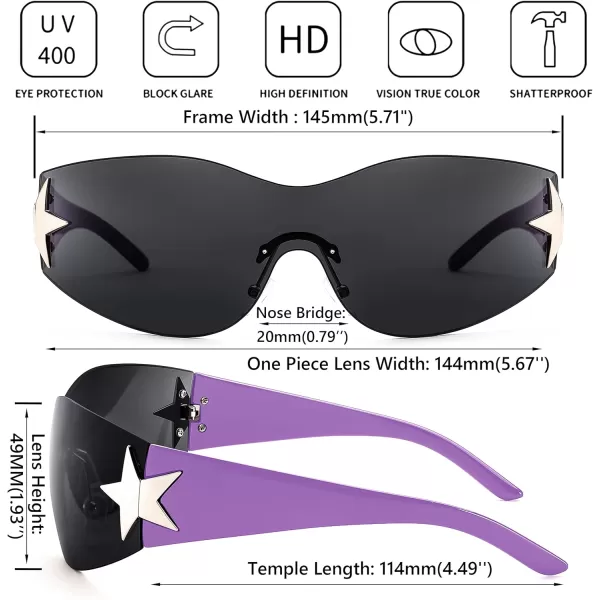 FEISEDY Y2K Sunglasses for Women Men 2000s Fashion Rimless Wrap Around Frameless Star Sun Glasses B9090Purple