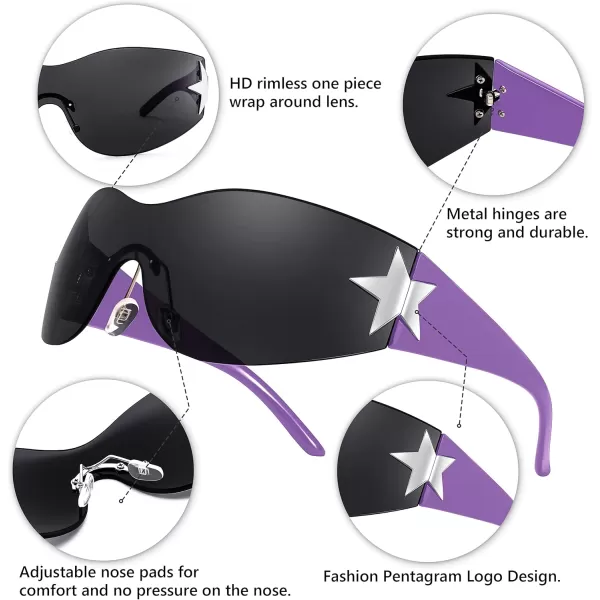 FEISEDY Y2K Sunglasses for Women Men 2000s Fashion Rimless Wrap Around Frameless Star Sun Glasses B9090Purple