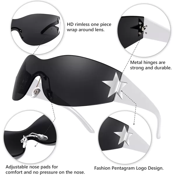 FEISEDY Y2K Sunglasses for Women Men 2000s Fashion Rimless Wrap Around Frameless Star Sun Glasses B9090White