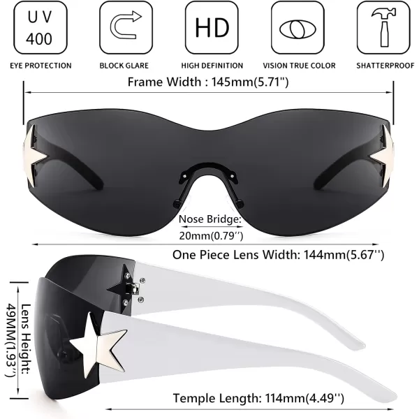 FEISEDY Y2K Sunglasses for Women Men 2000s Fashion Rimless Wrap Around Frameless Star Sun Glasses B9090White