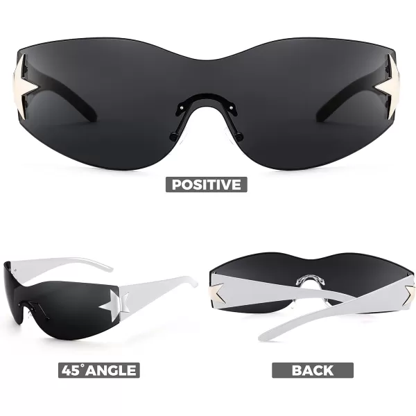 FEISEDY Y2K Sunglasses for Women Men 2000s Fashion Rimless Wrap Around Frameless Star Sun Glasses B9090White