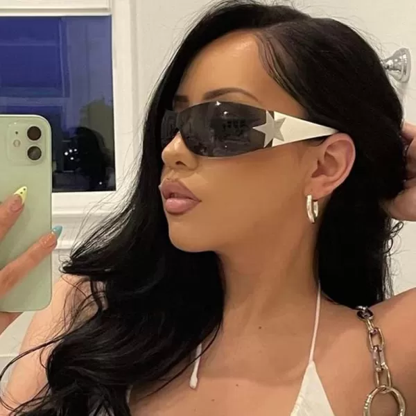 FEISEDY Y2K Sunglasses for Women Men 2000s Fashion Rimless Wrap Around Frameless Star Sun Glasses B9090White